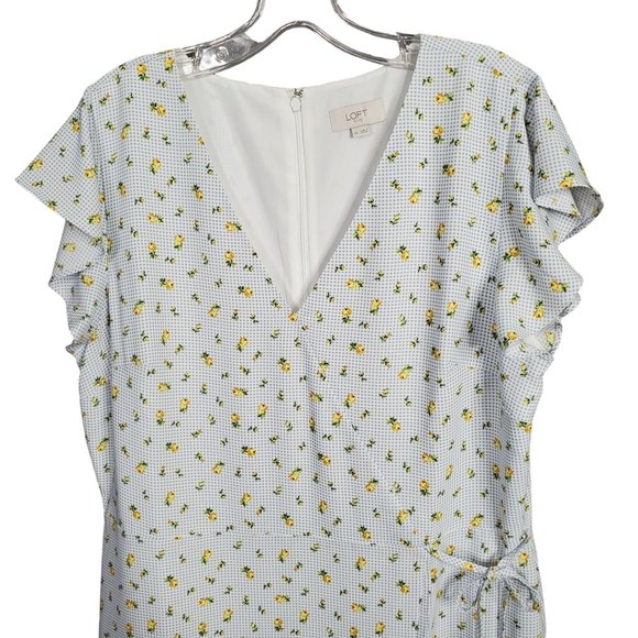 Loft Size 14 Dress Long Gingham Floral Flutter Sleeve Faux Wrap Ruffle Hem Lined - Picture 8 of 15